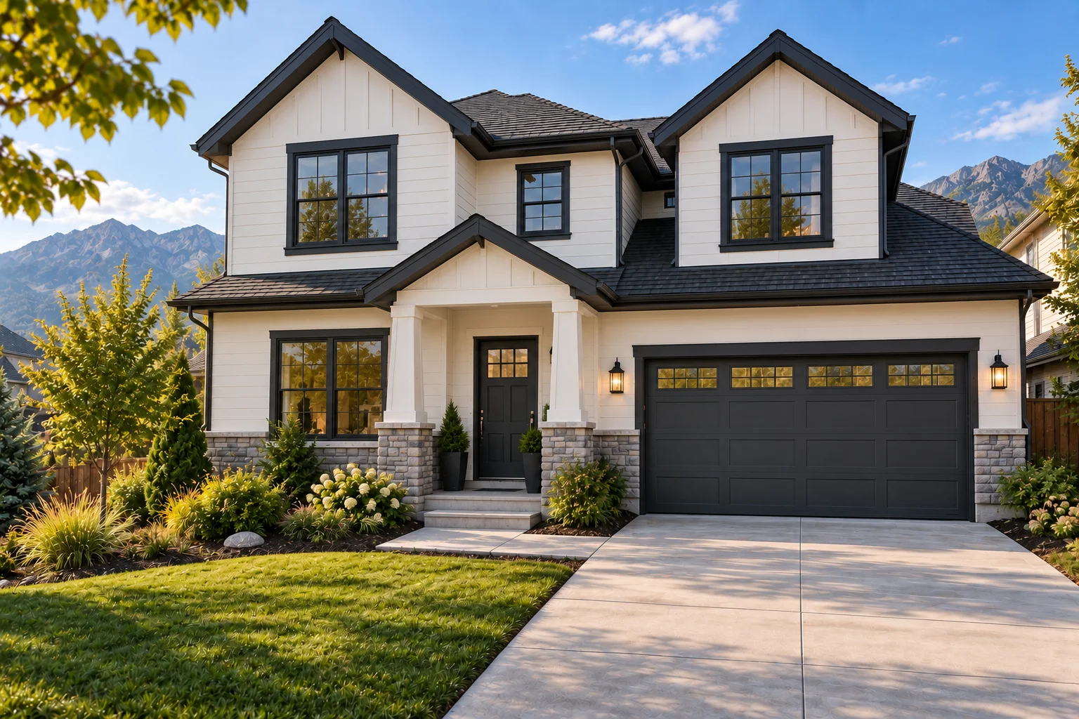 The same house illustrated with warm white paint and dark charcoal trim
