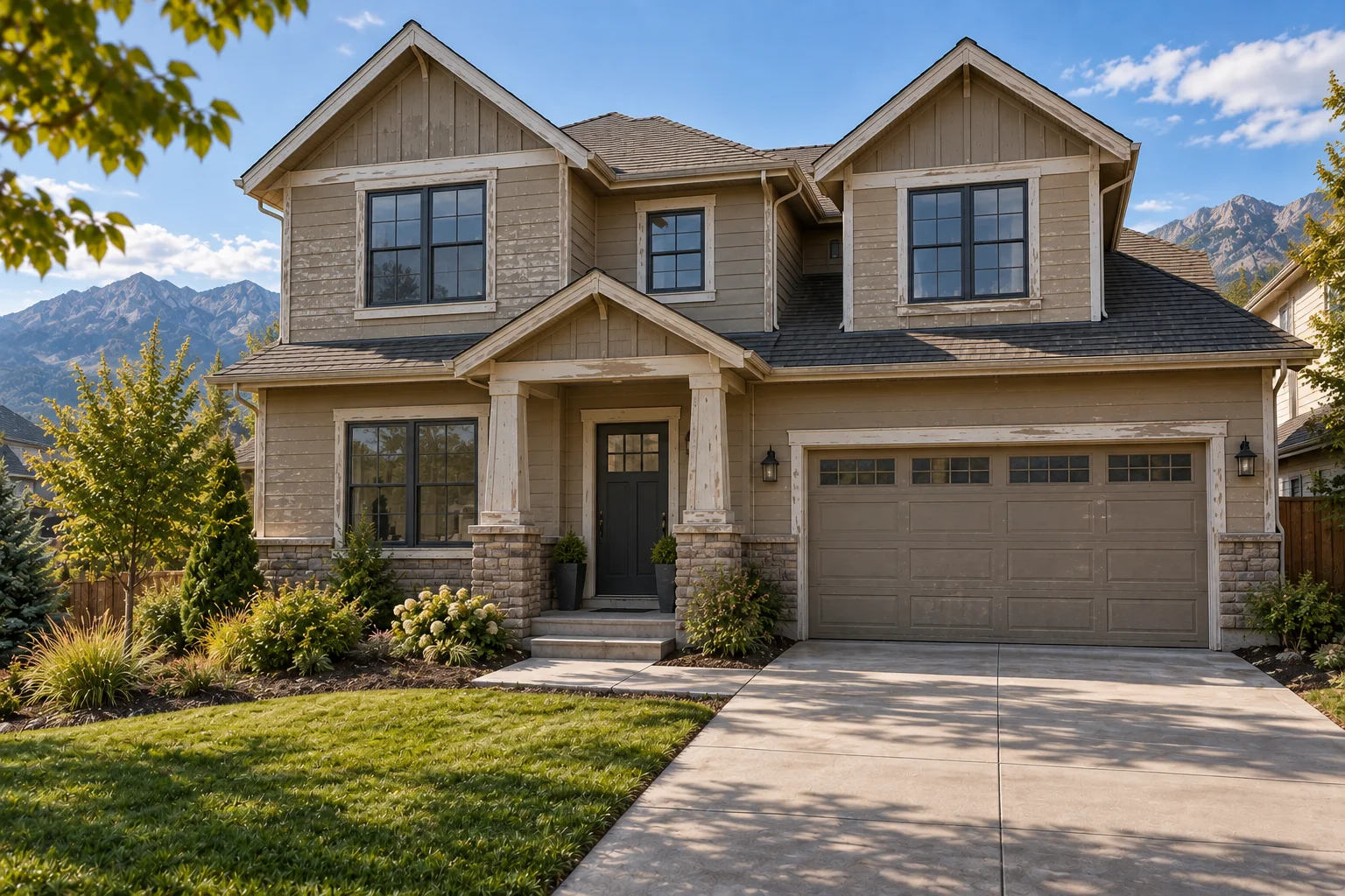 House exterior with weathered tan paint, before the illustrated refresh