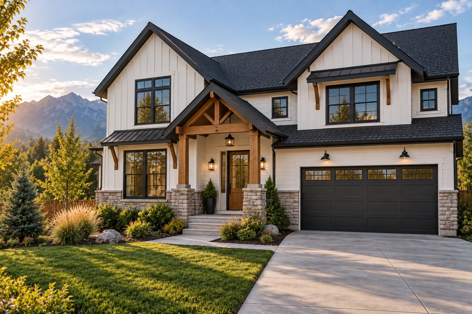 Warm white exterior with elegant architectural details