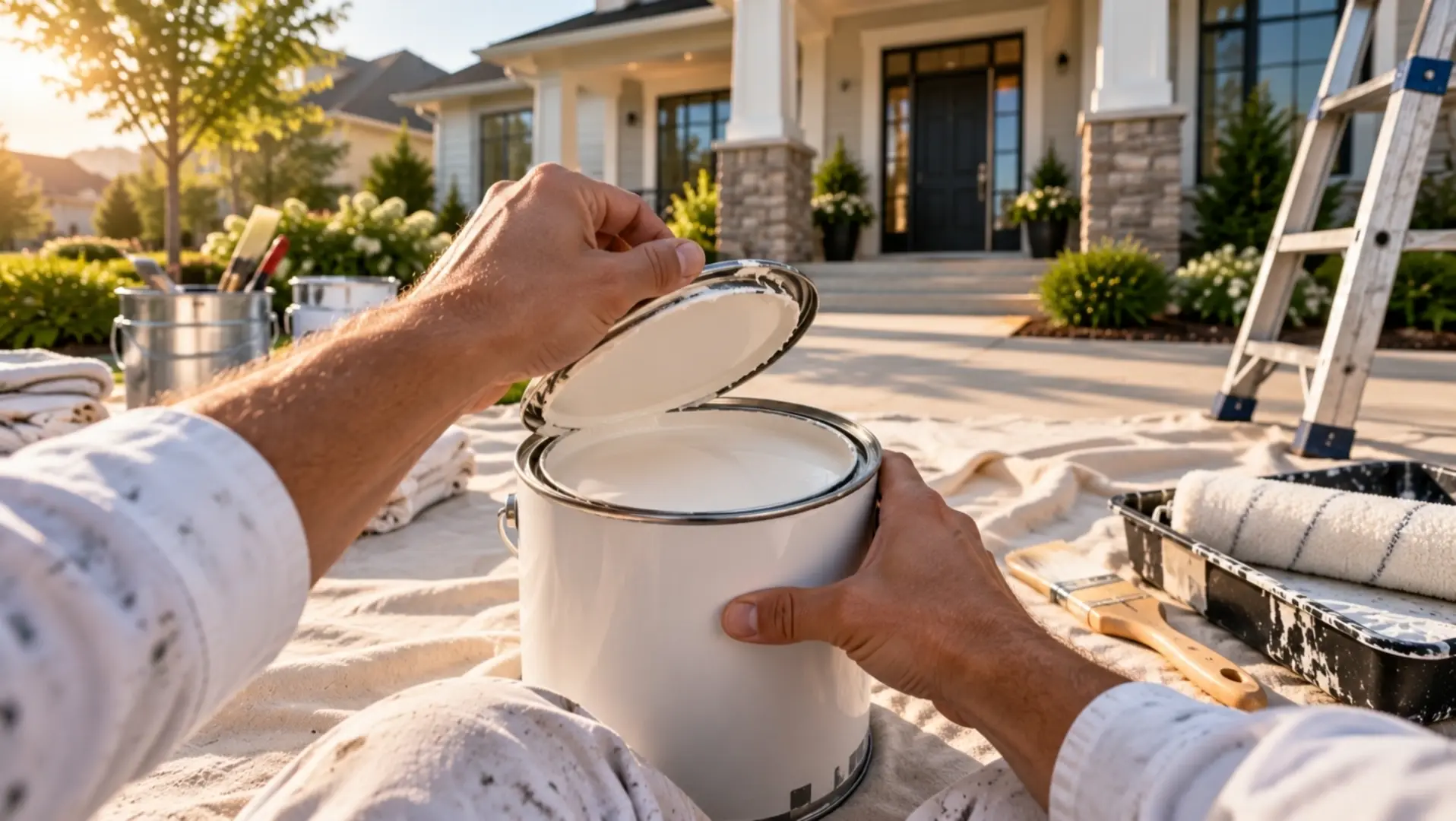 A freshly painted white home with charcoal trim in warm Colorado sunlight